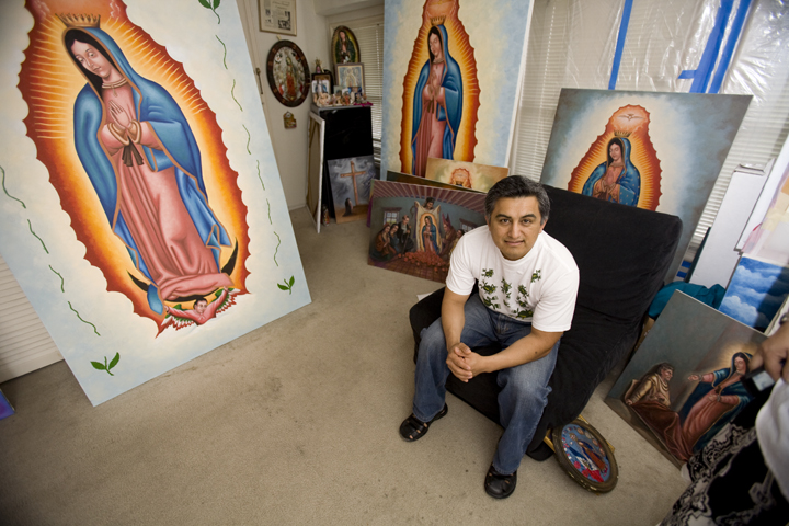 This San Fransisco artist is painting several Virgen of Guadalupe images to be placed in a church in the Phillipines when completed.