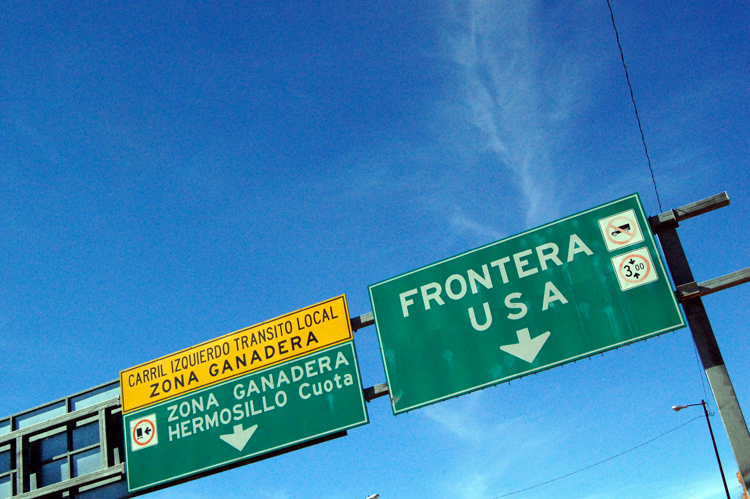 A road sign at the Mariposa border crossing near Nogales, Sonora, Mexico.